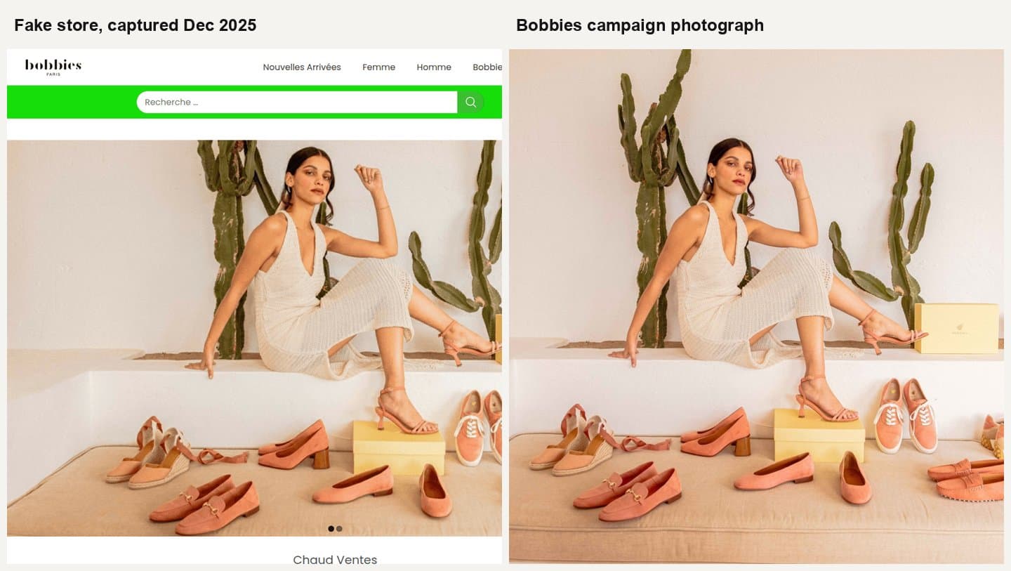 Fake store hero image beside the matching Bobbies campaign photograph