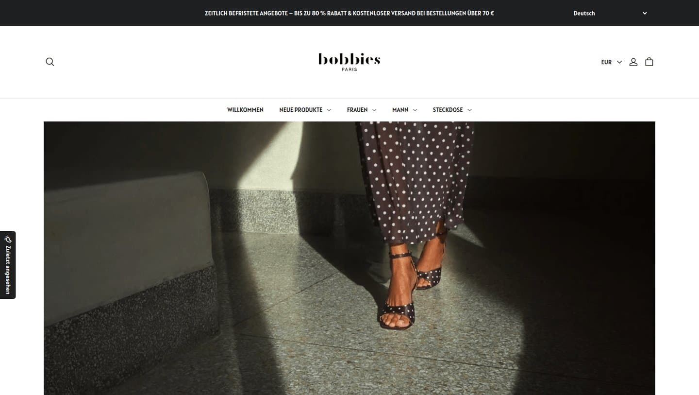 German-language fake Bobbies store with Steckdose in its menu