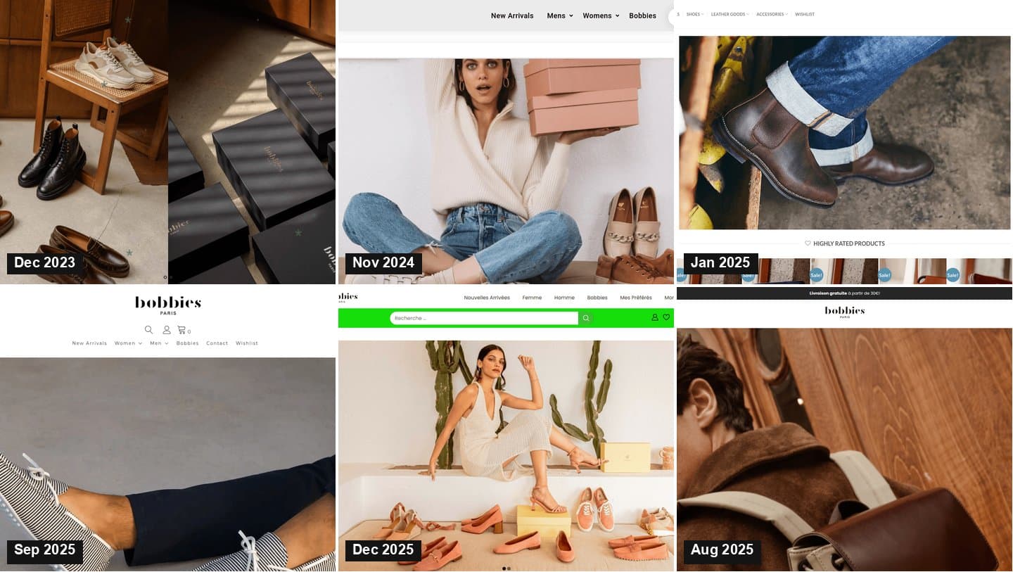 Six archived captures of fake Bobbies stores from December 2023 to December 2025