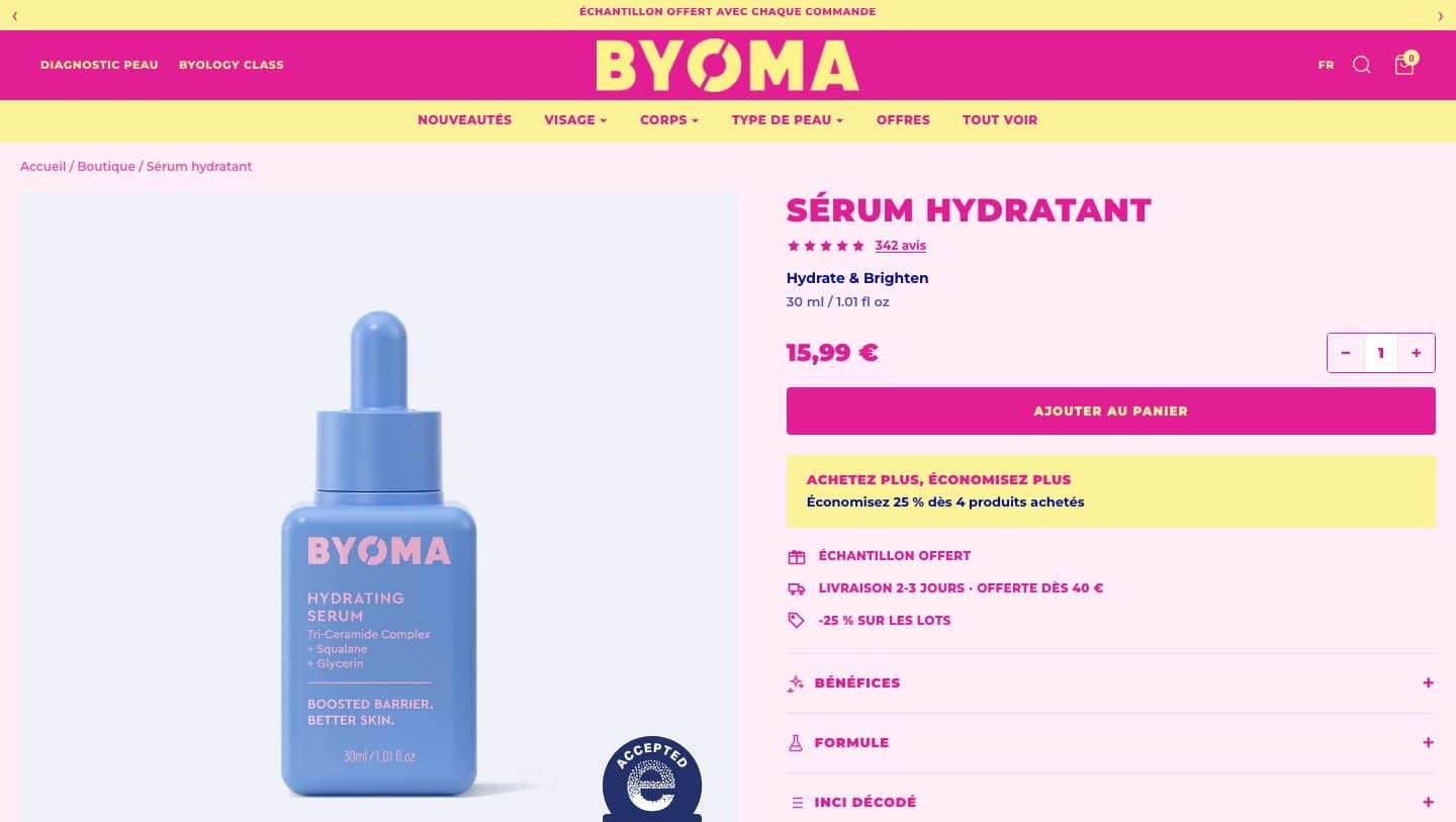 byoma-skin.com product page for Sérum hydratant at 15,99 euros in BYOMA's pink and yellow design