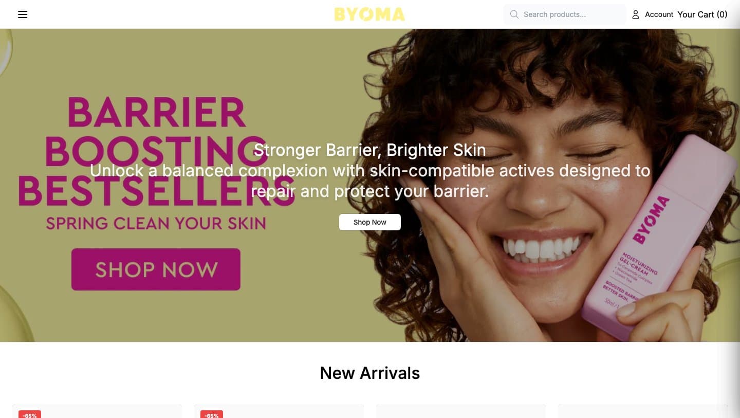 byomacare.shop homepage with a BYOMA-branded campaign banner and New Arrivals marked -65%