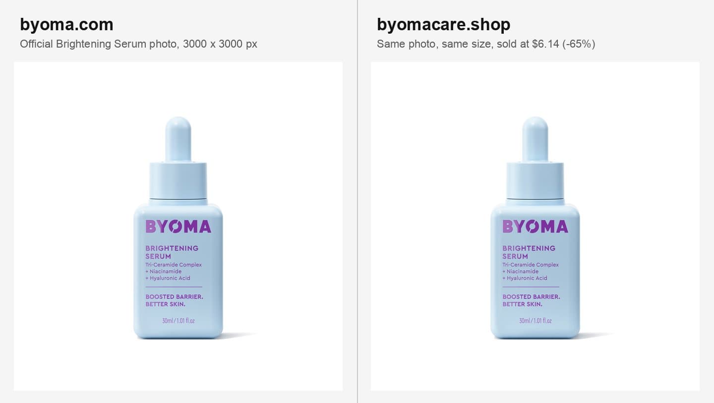 BYOMA's official Brightening Serum photo next to the identical photo on byomacare.shop