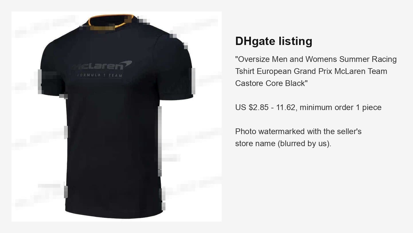 DHgate listing for a McLaren Team Castore Core T-shirt from US $2.85