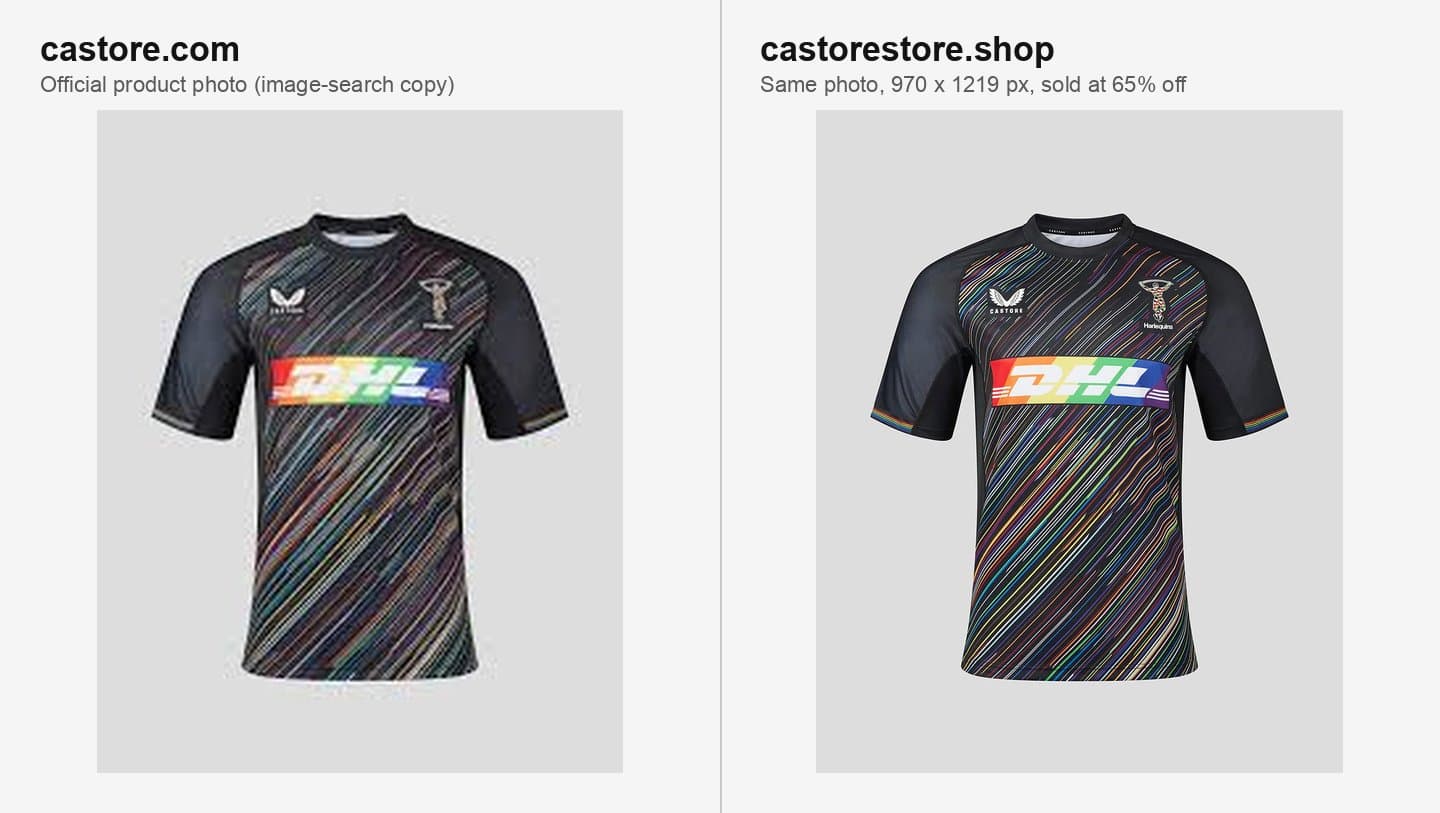 Castore's Harlequins Pride shirt photo next to the identical photo on castorestore.shop