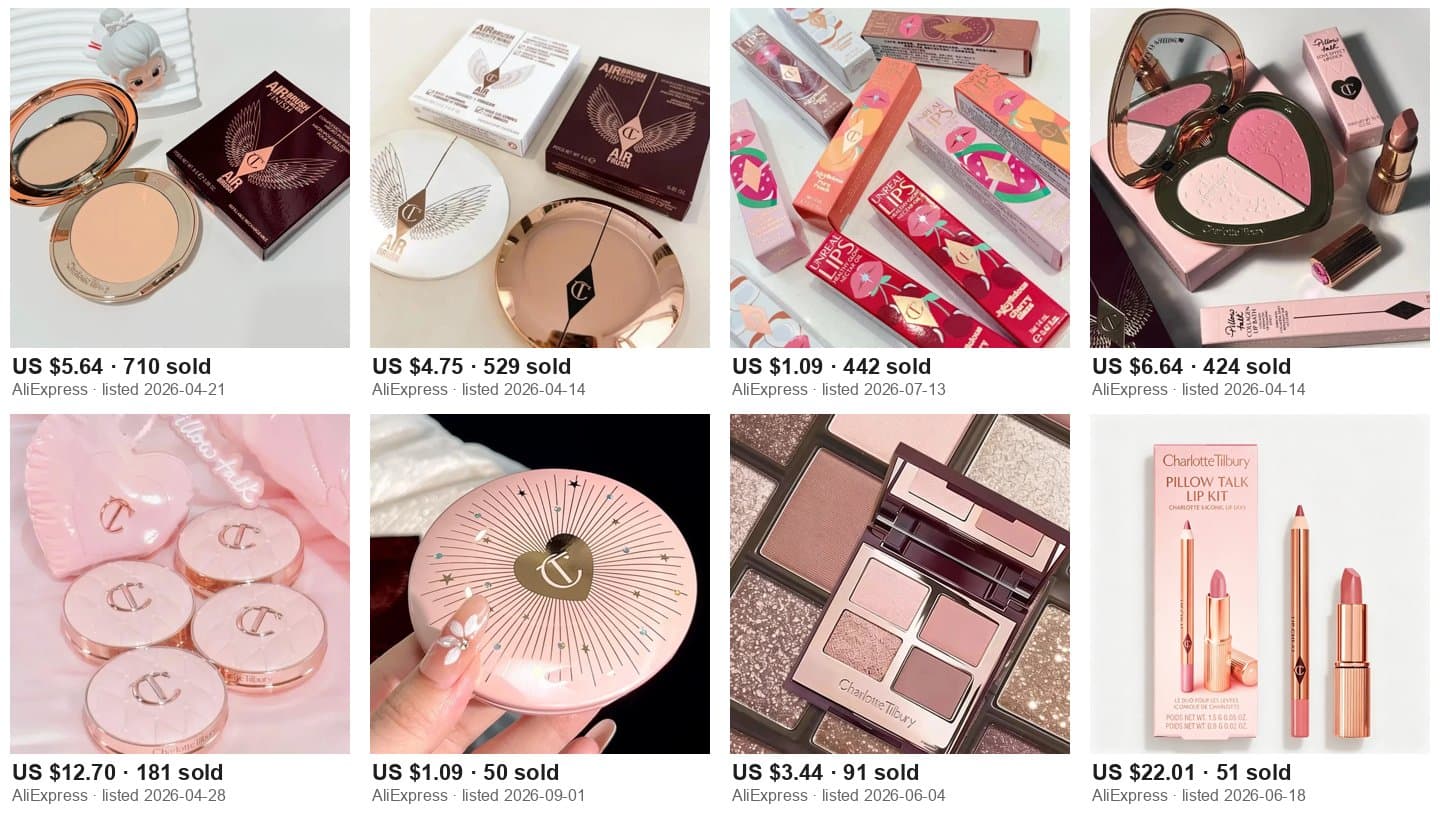 Eight AliExpress listing photos using Charlotte Tilbury packaging
