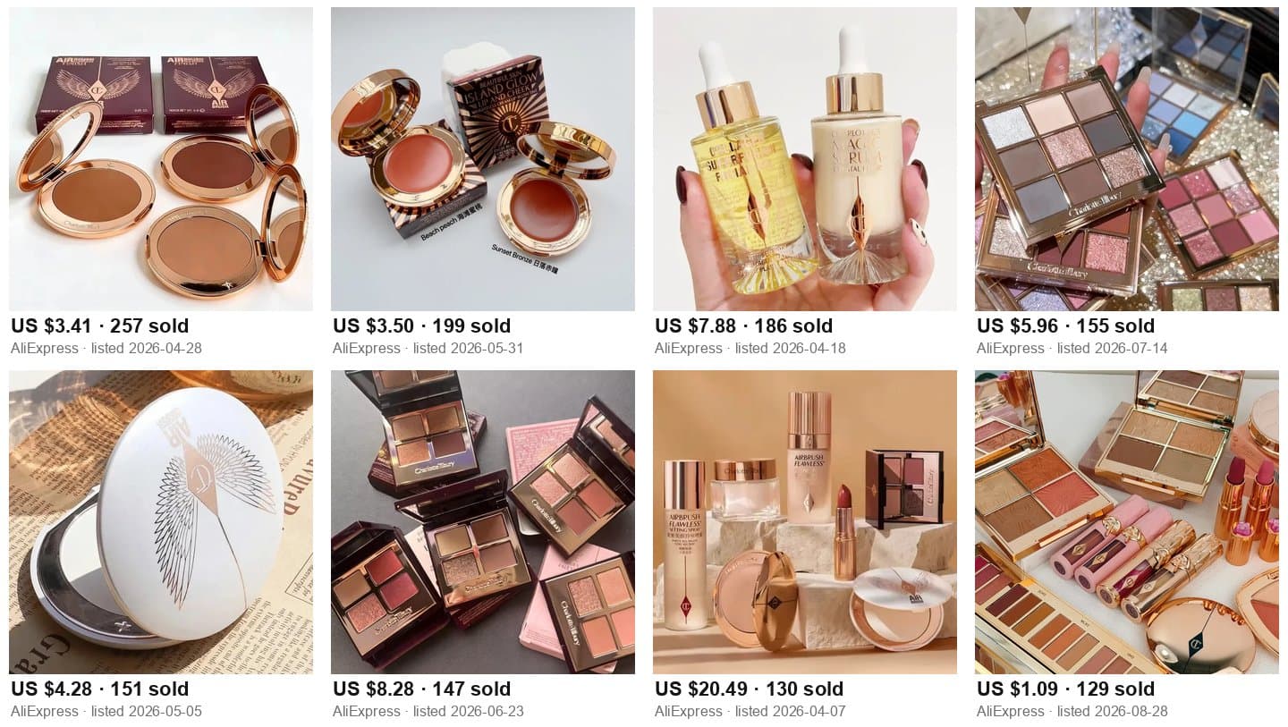 Eight more AliExpress listing photos showing Charlotte Tilbury packaging with prices and units sold
