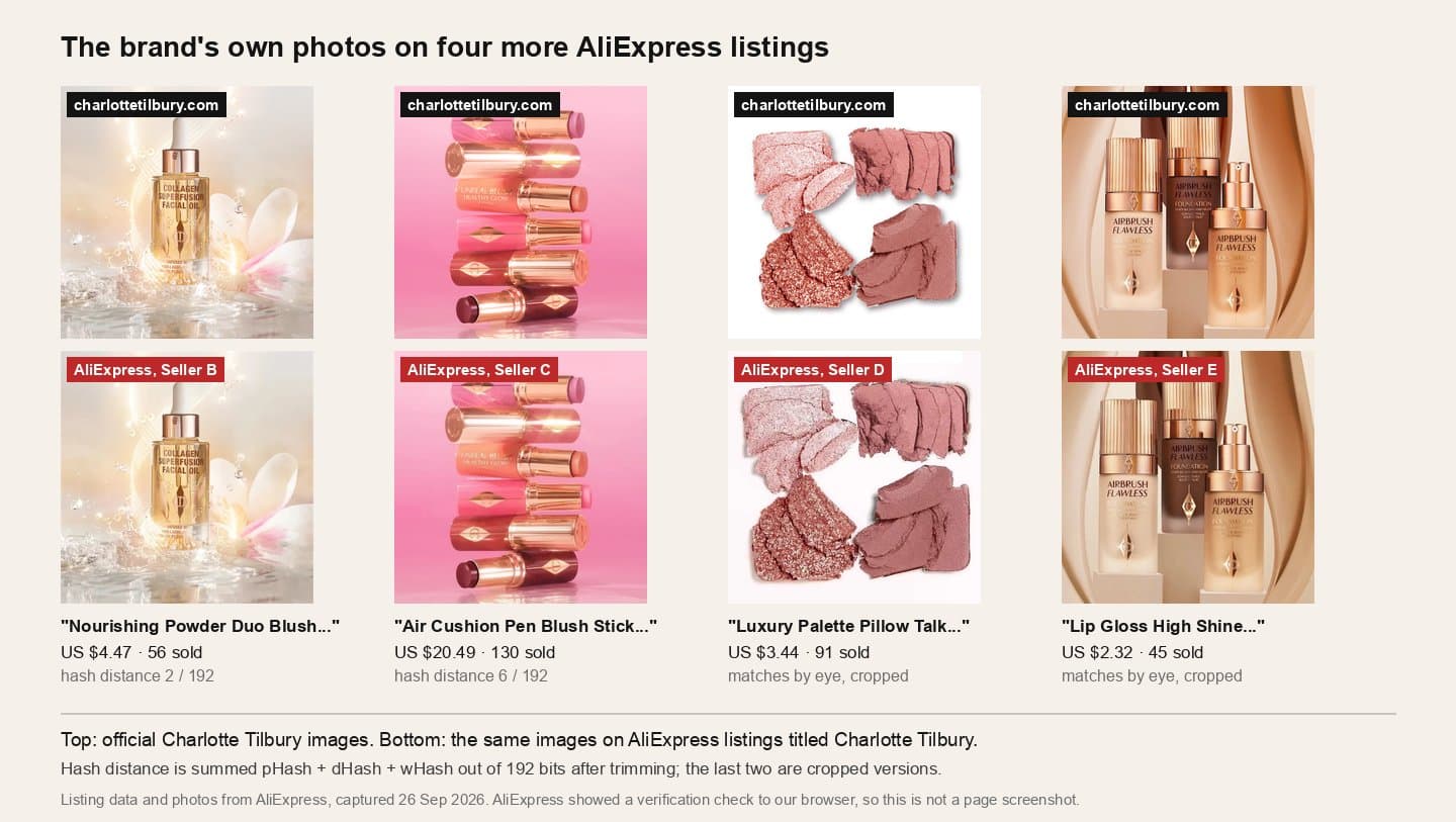 Four official Charlotte Tilbury images above the same images on four more AliExpress listings