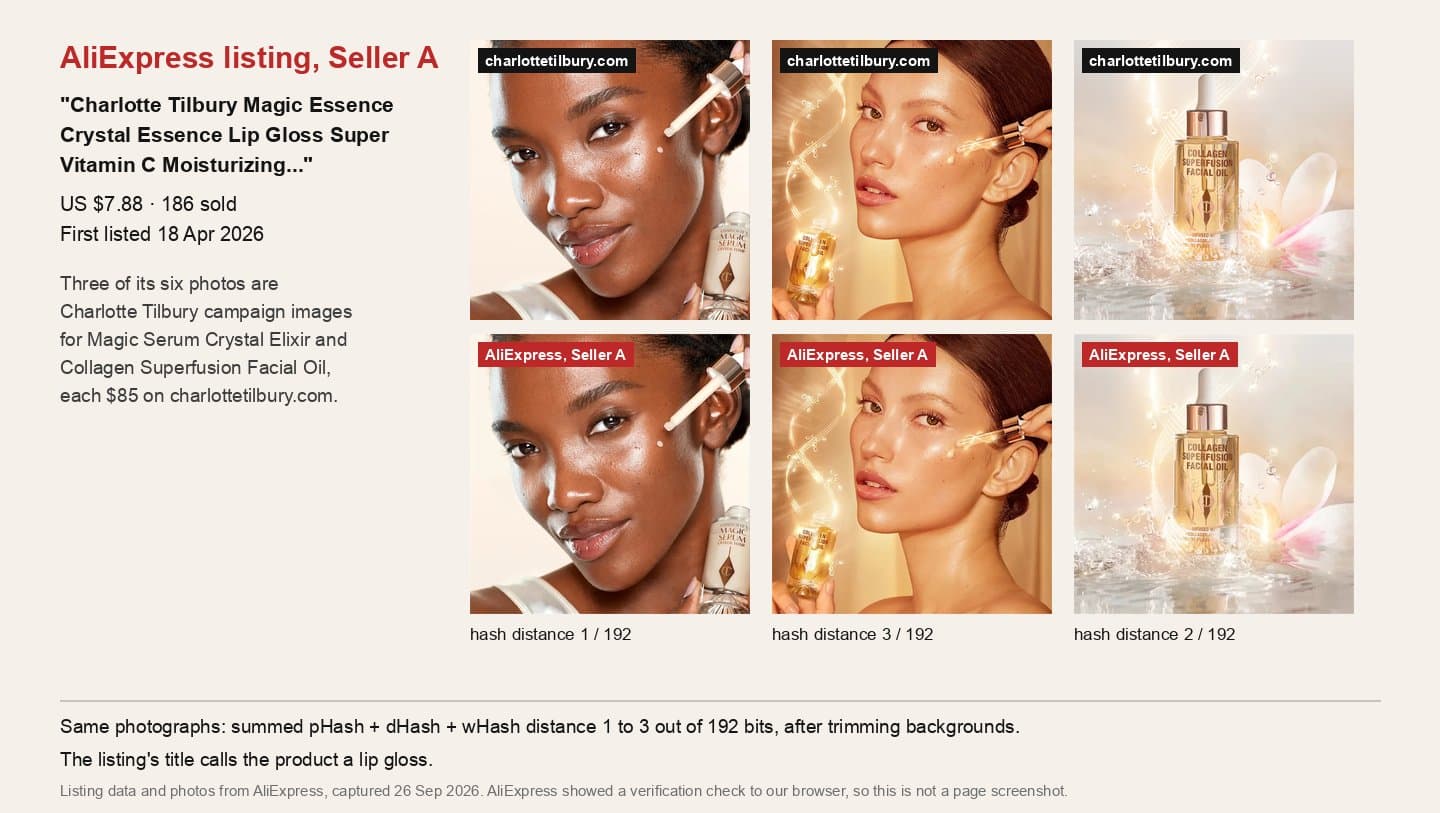 Three official Charlotte Tilbury campaign images above the same three images on an AliExpress listing