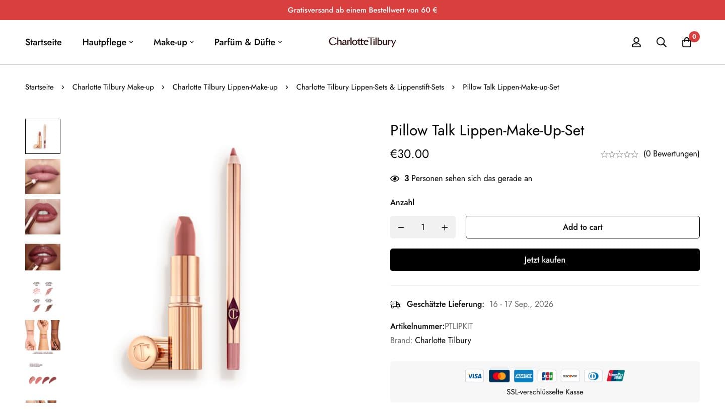 charlotte-tilbury.at product page for the Pillow Talk Lip Kit at €30