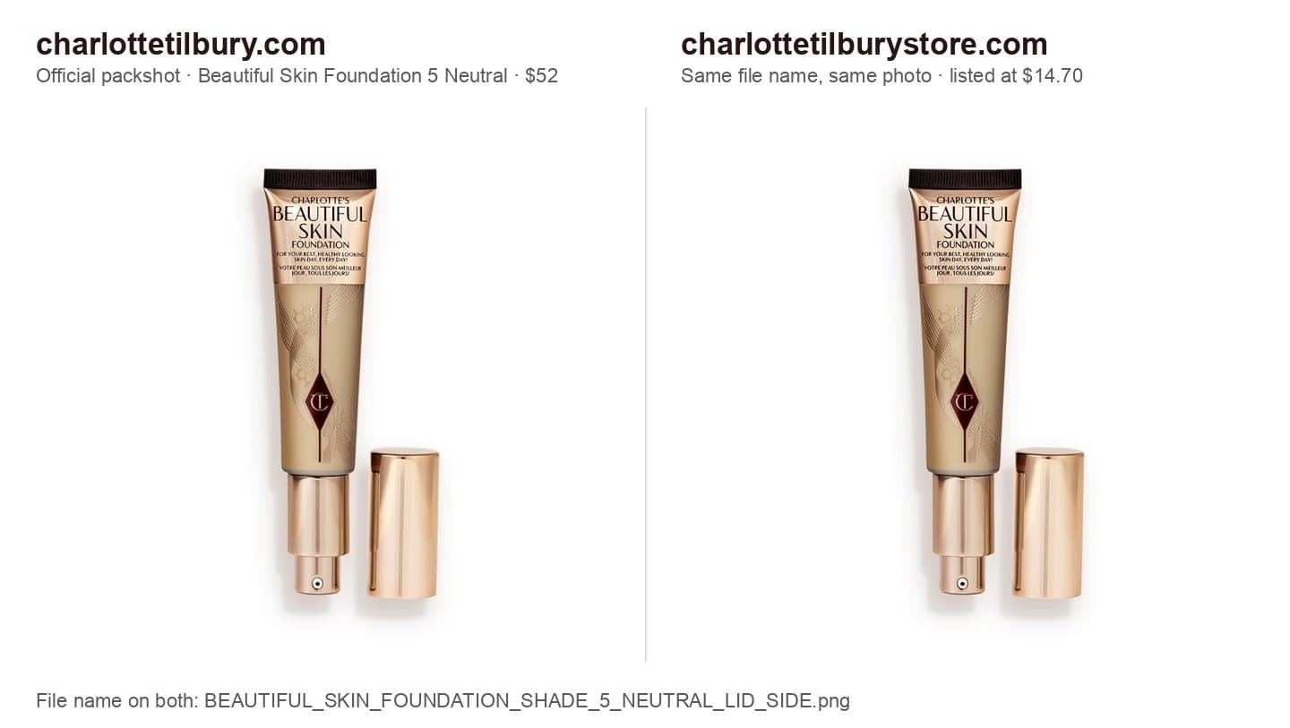 Charlotte Tilbury's official foundation packshot next to the same file on charlottetilburystore.com