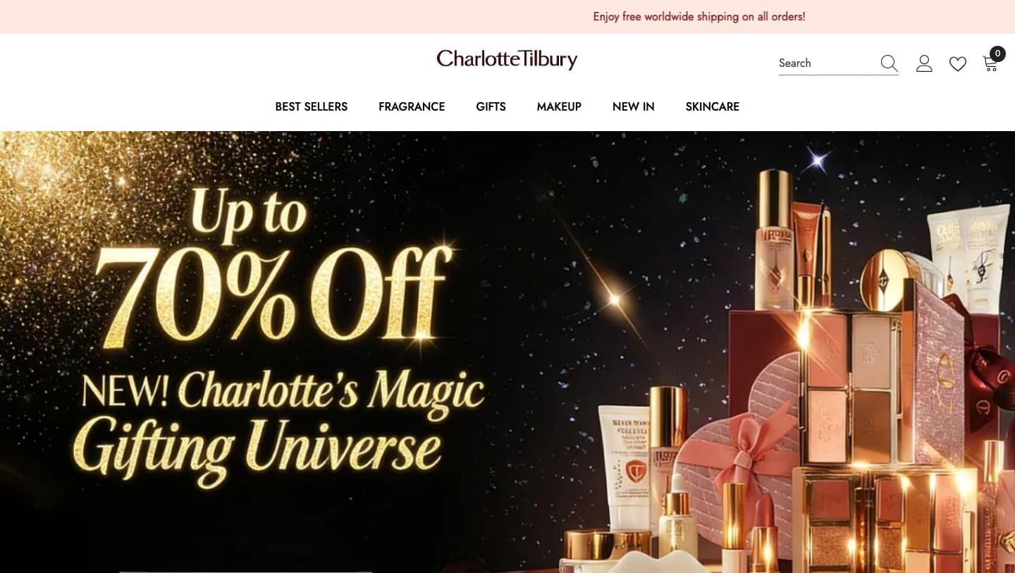charlottetilburystore.com homepage with an Up to 70% Off banner