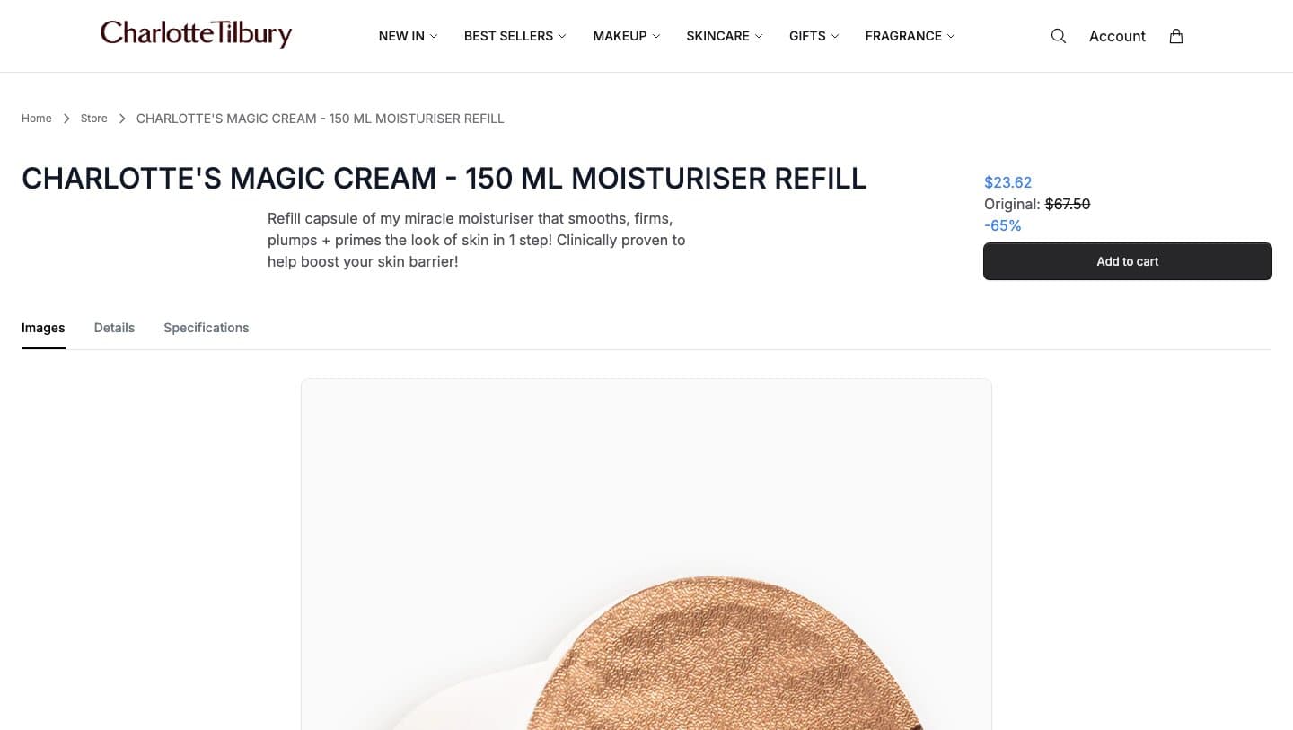 charlottetilburystore.shop product page for the Magic Cream refill at $23.62