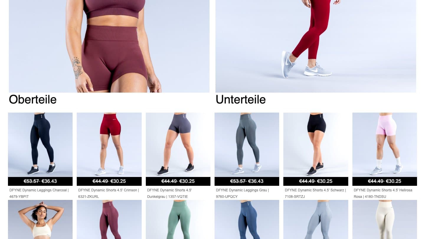 dfyne.de product grid with DFYNE Dynamic leggings and shorts at reduced prices