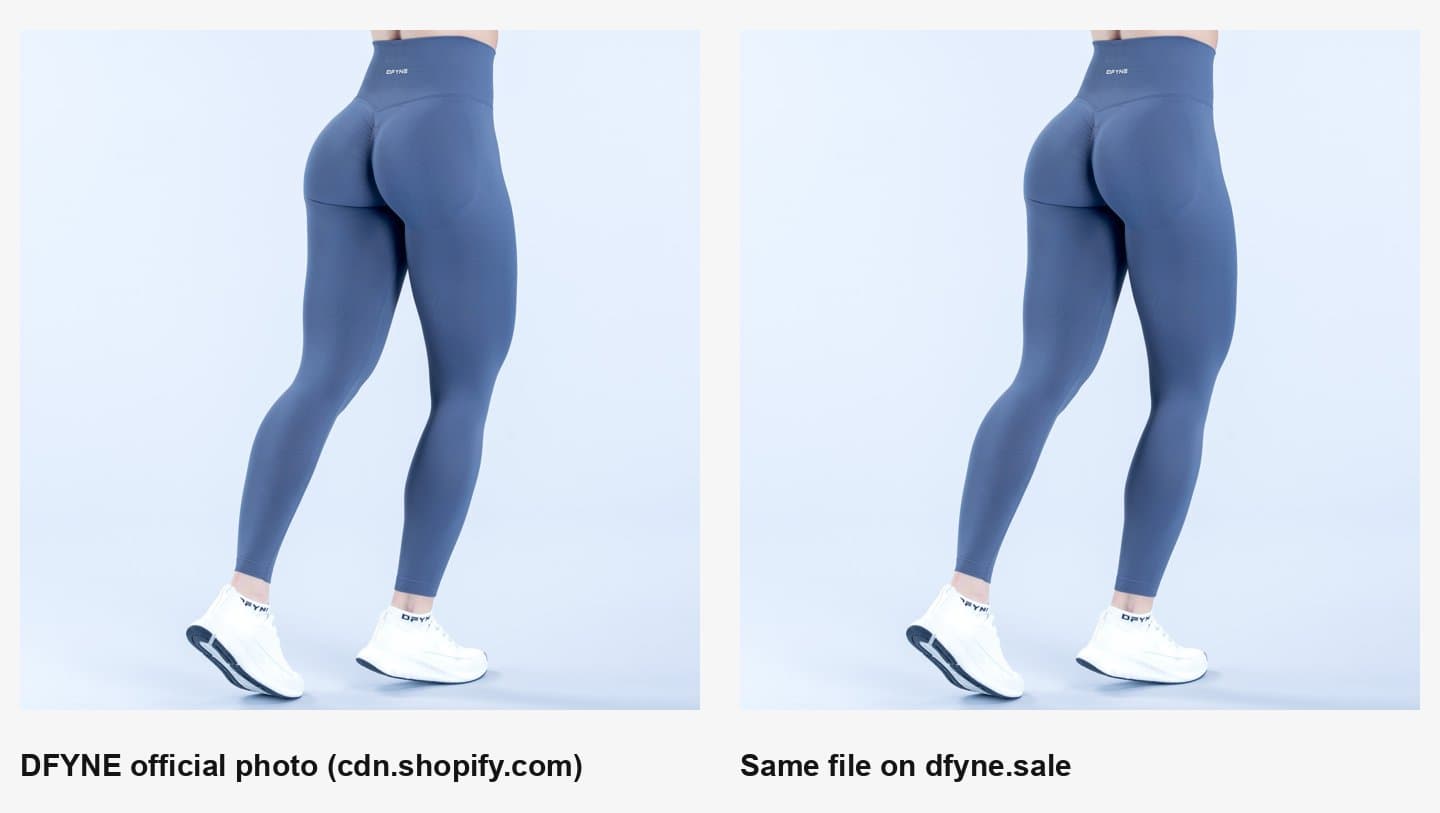 DFYNE's official Dynamic Leggings photo next to the same file on dfyne.sale