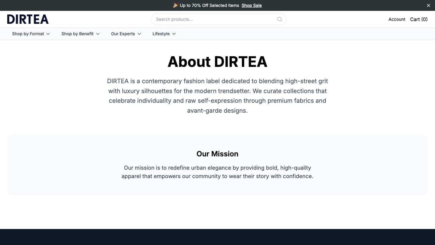 dirteahealth.shop About page describing DIRTEA as a contemporary fashion label