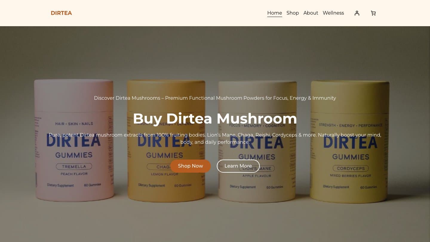 dirteamushroom.co.uk homepage reading Buy Dirtea Mushroom over a photo of DIRTEA gummies