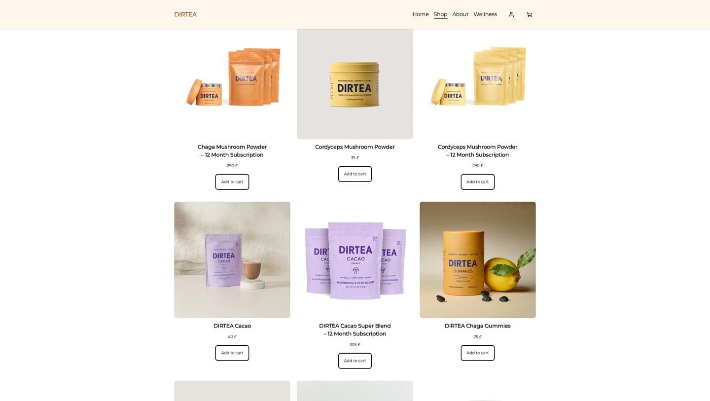 dirteamushroom.co.uk shop grid listing DIRTEA powders, subscriptions and gummies in pounds