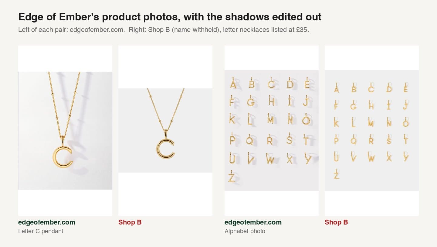 Edge of Ember's letter C and alphabet photos next to Shop B's versions with the shadows removed
