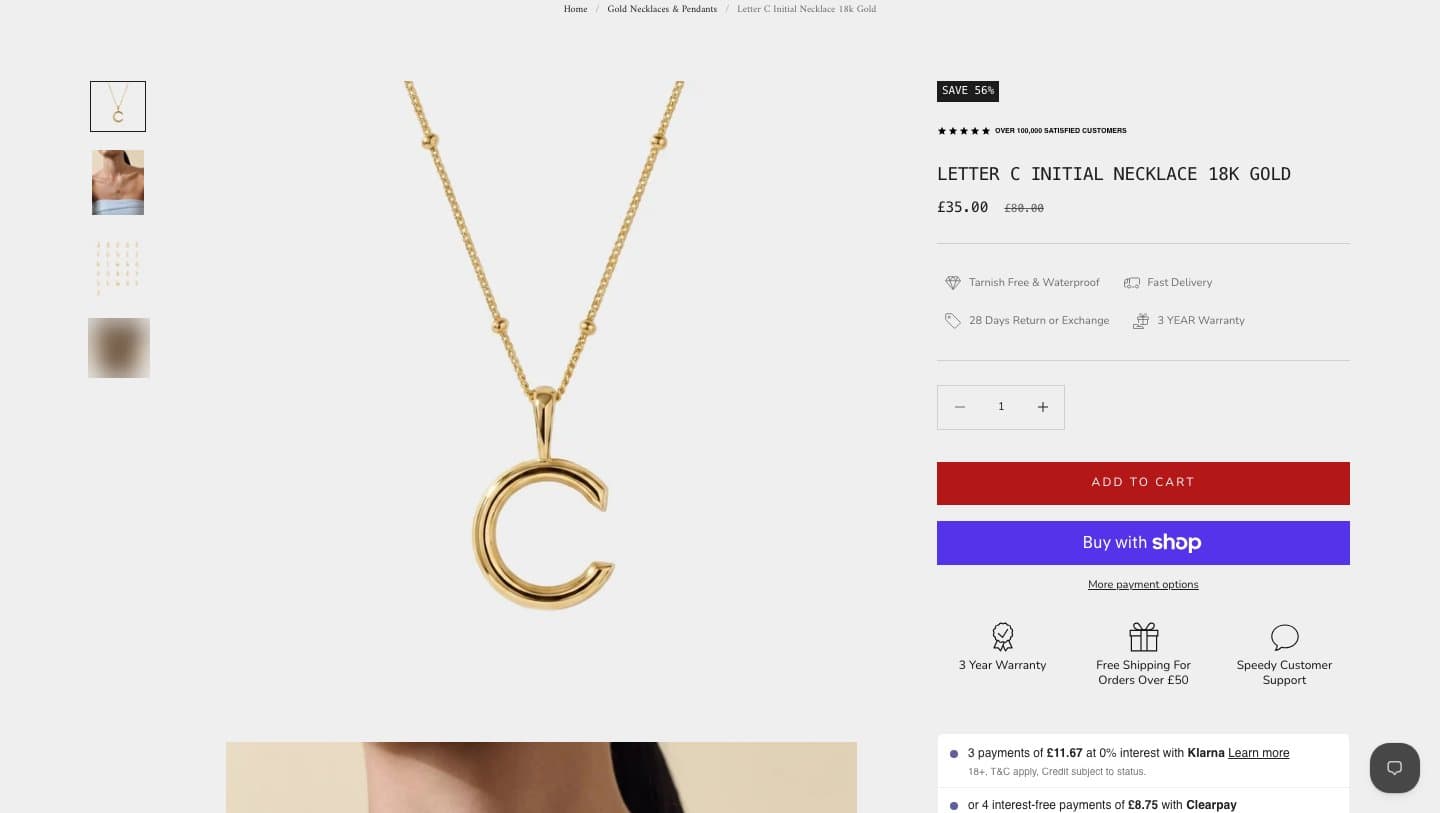 A shop listing a gold letter C initial necklace at £35, down from £80