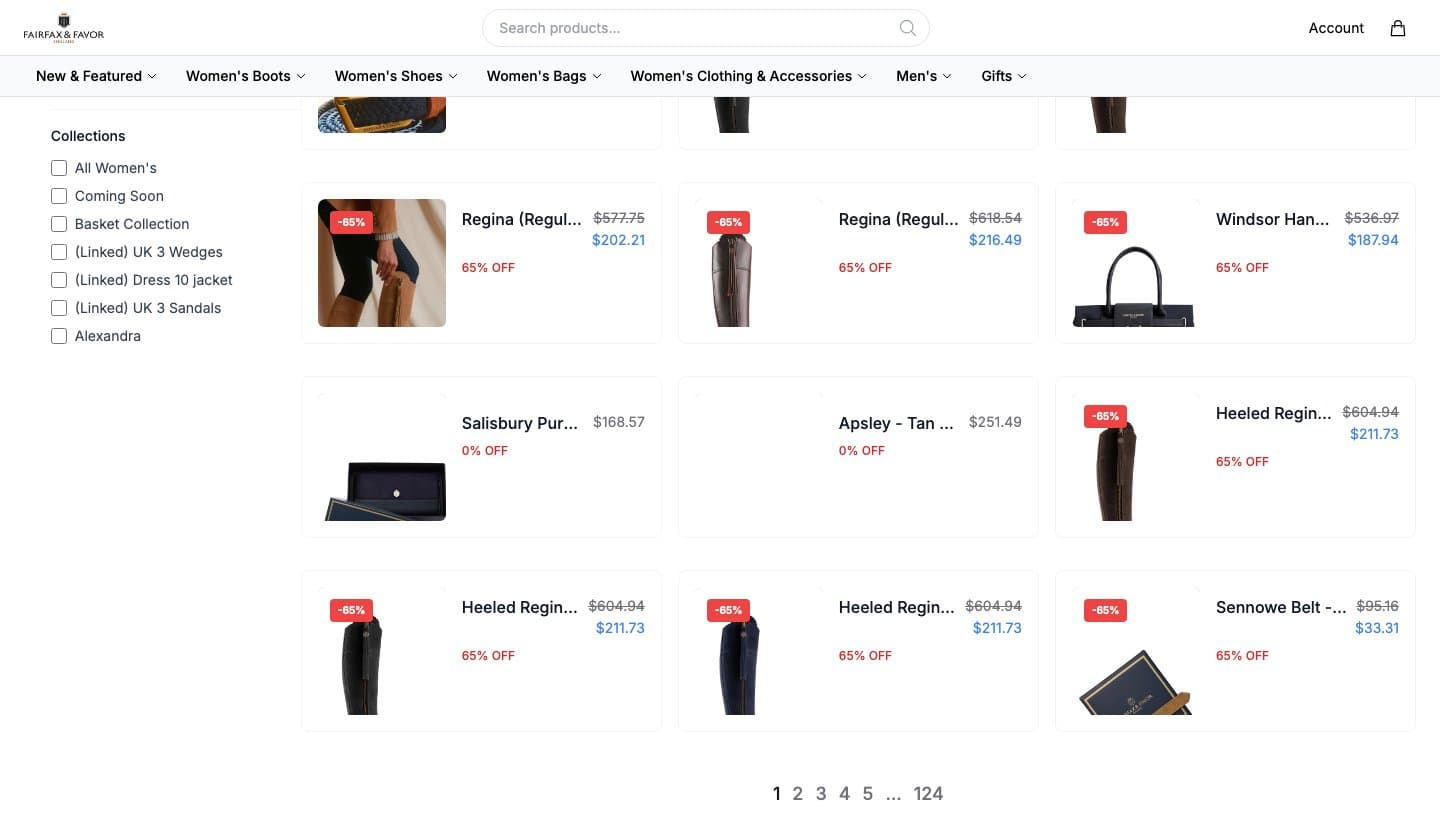 fairfaxandfavorboutique.shop catalogue grid with Regina boots at 65% off and pagination to page 124