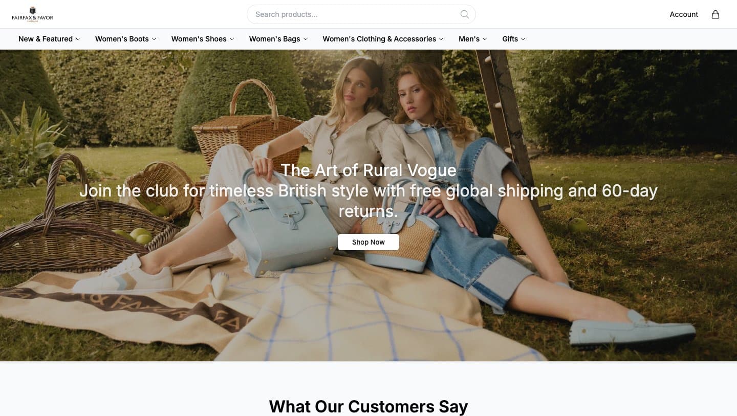 fairfaxandfavorboutique.shop homepage with a Fairfax & Favor campaign photo and the line The Art of Rural Vogue