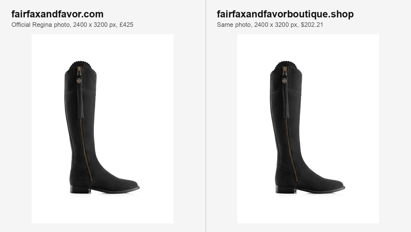 Official Fairfax & Favor Regina black suede boot photo next to the identical photo on fairfaxandfavorboutique.shop