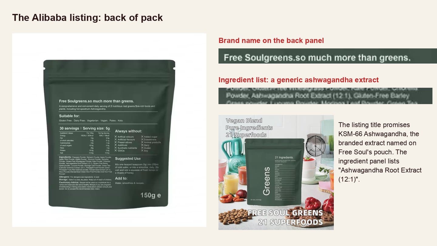 Back of the Alibaba greens pouch reading Free Soulgreens, with a generic ashwagandha extract in the ingredients