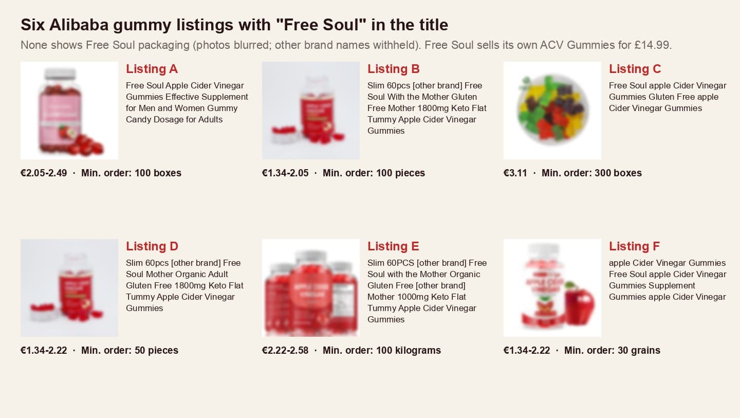 Six Alibaba apple cider vinegar gummy listings with Free Soul in their titles