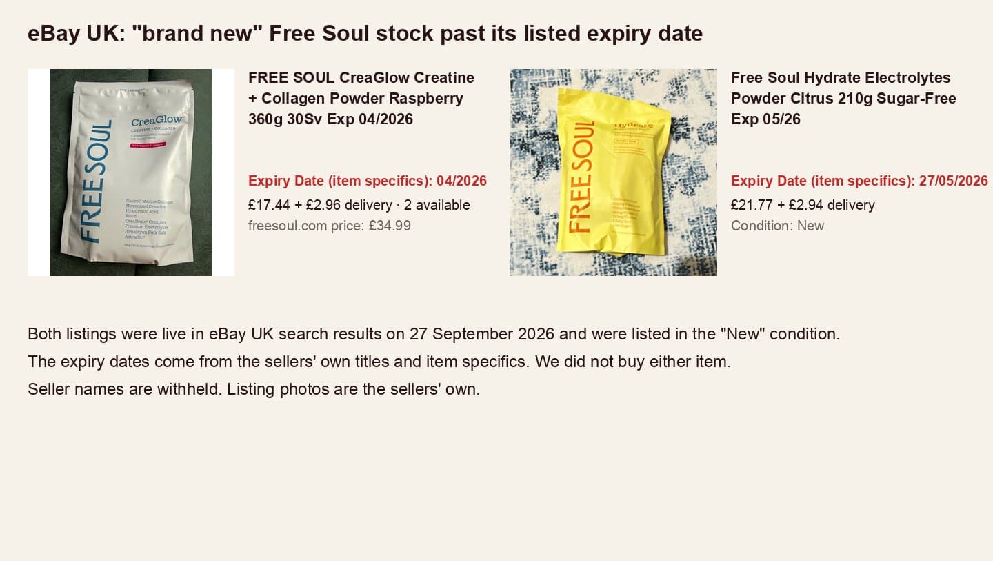 Two eBay UK listings for Free Soul products with past expiry dates