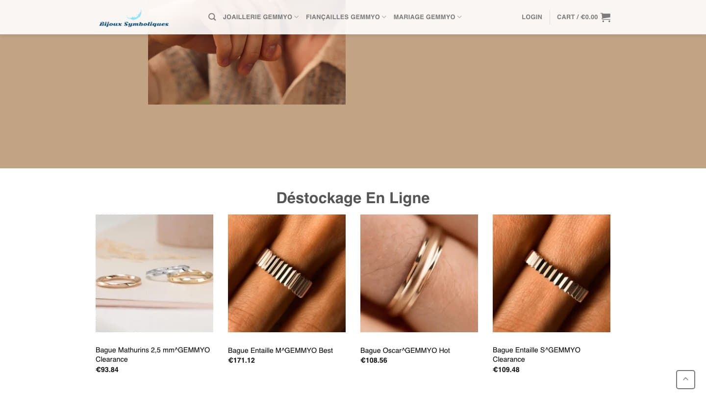bijouxsymboliques.com homepage with a clearance grid of Gemmyo-named rings