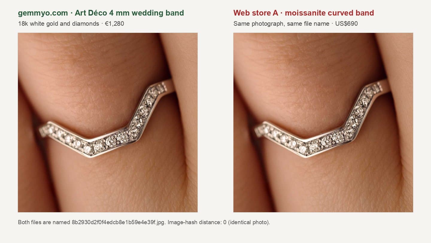 Gemmyo Art Déco band photo next to an identical photo on a moissanite web shop