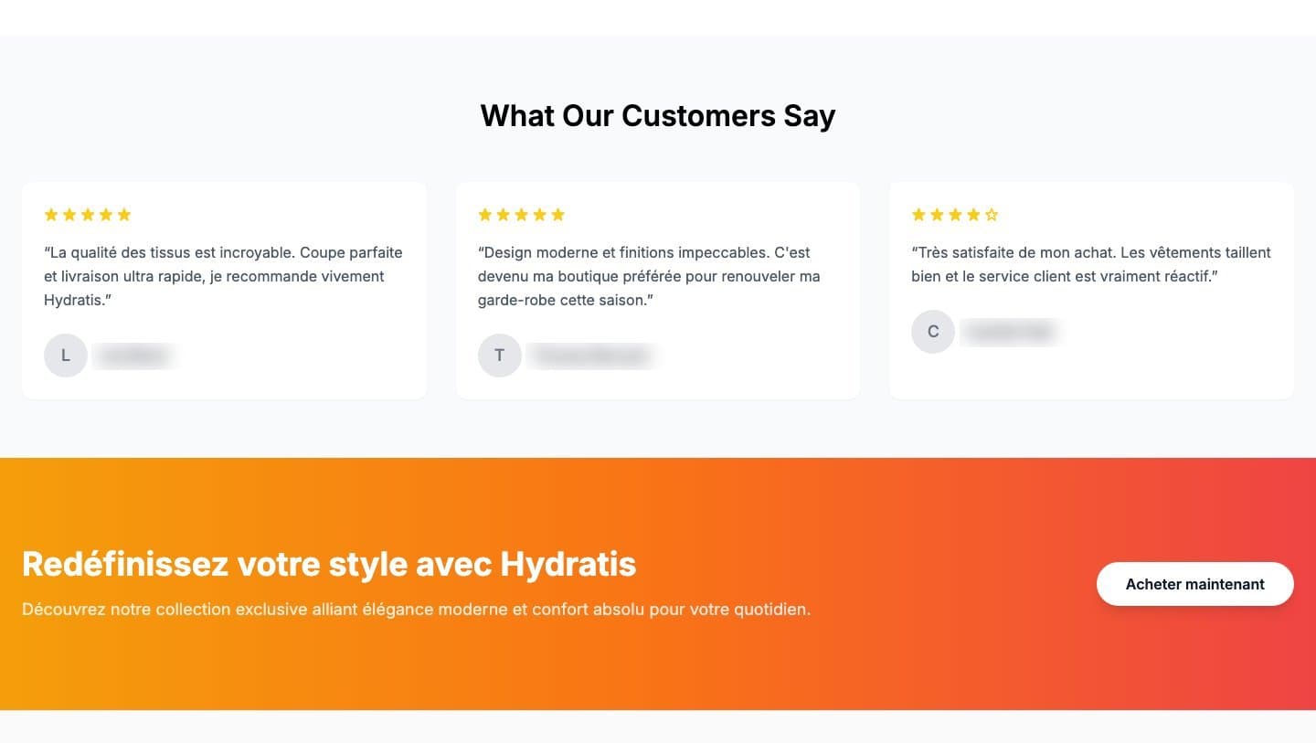 Five-star reviews on hydratisnow.shop praising fabrics and clothing fit