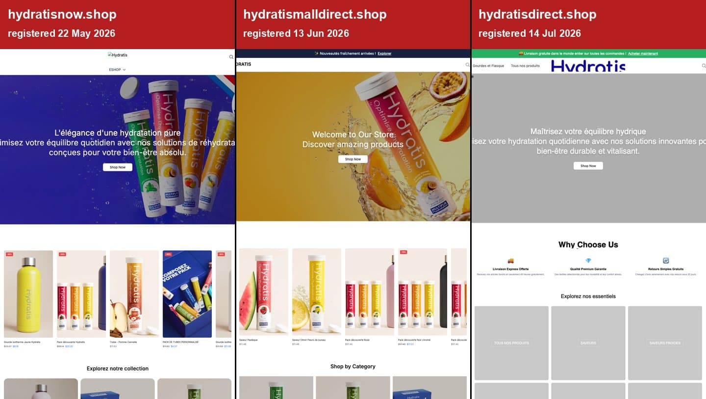 Homepages of three fake Hydratis stores on .shop domains with their registration dates