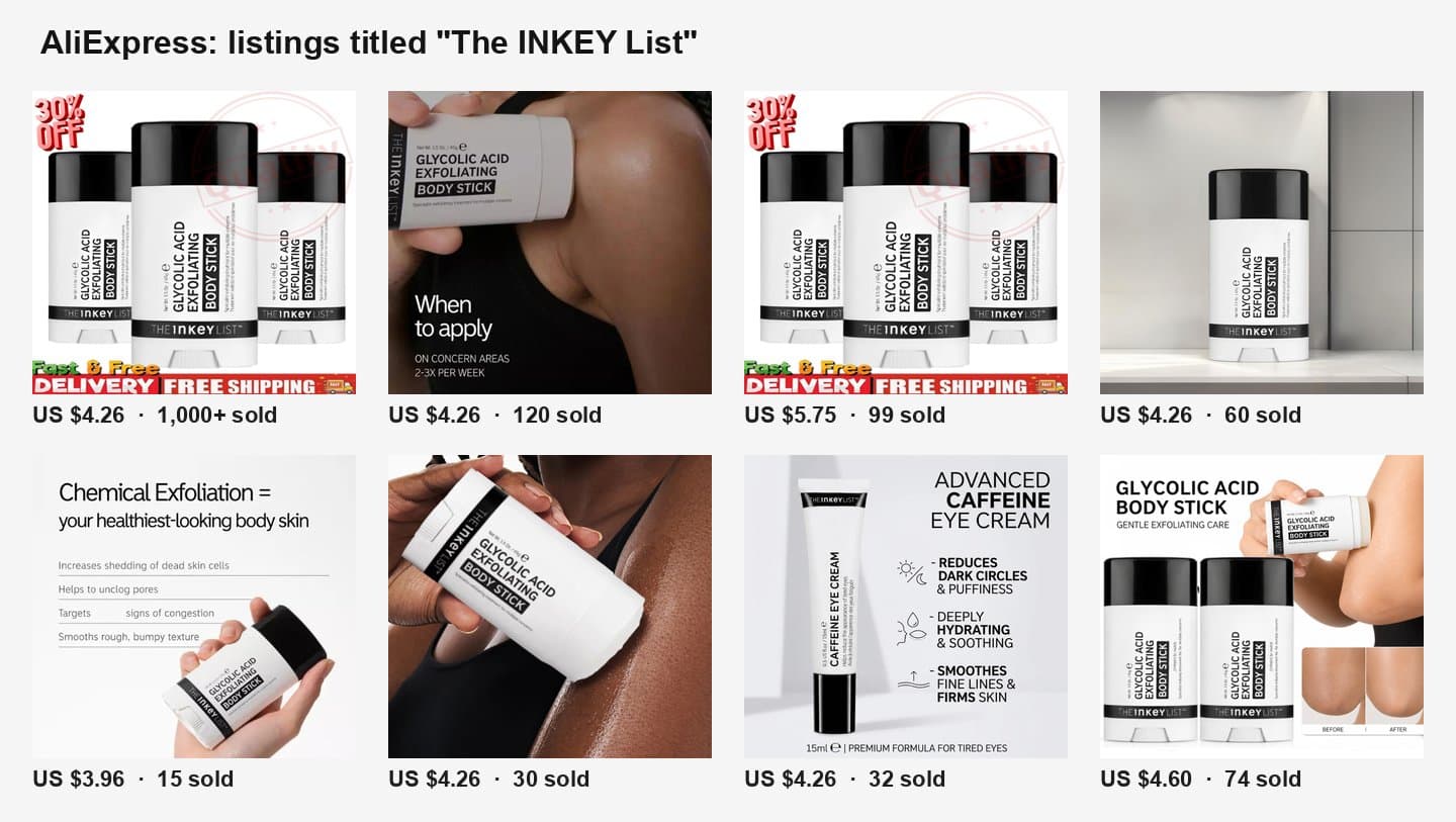 Eight AliExpress listings titled The INKEY List, priced from US $3.96