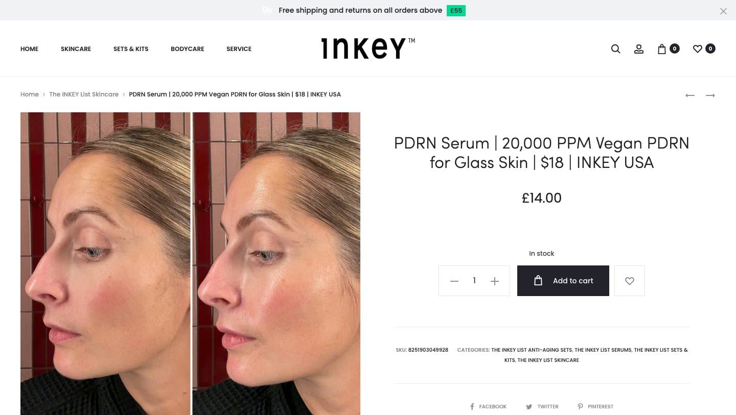 theinkeylistuk.com product page titled 'PDRN Serum | $18 | INKEY USA' priced at £14.00, with the brand's product number as SKU