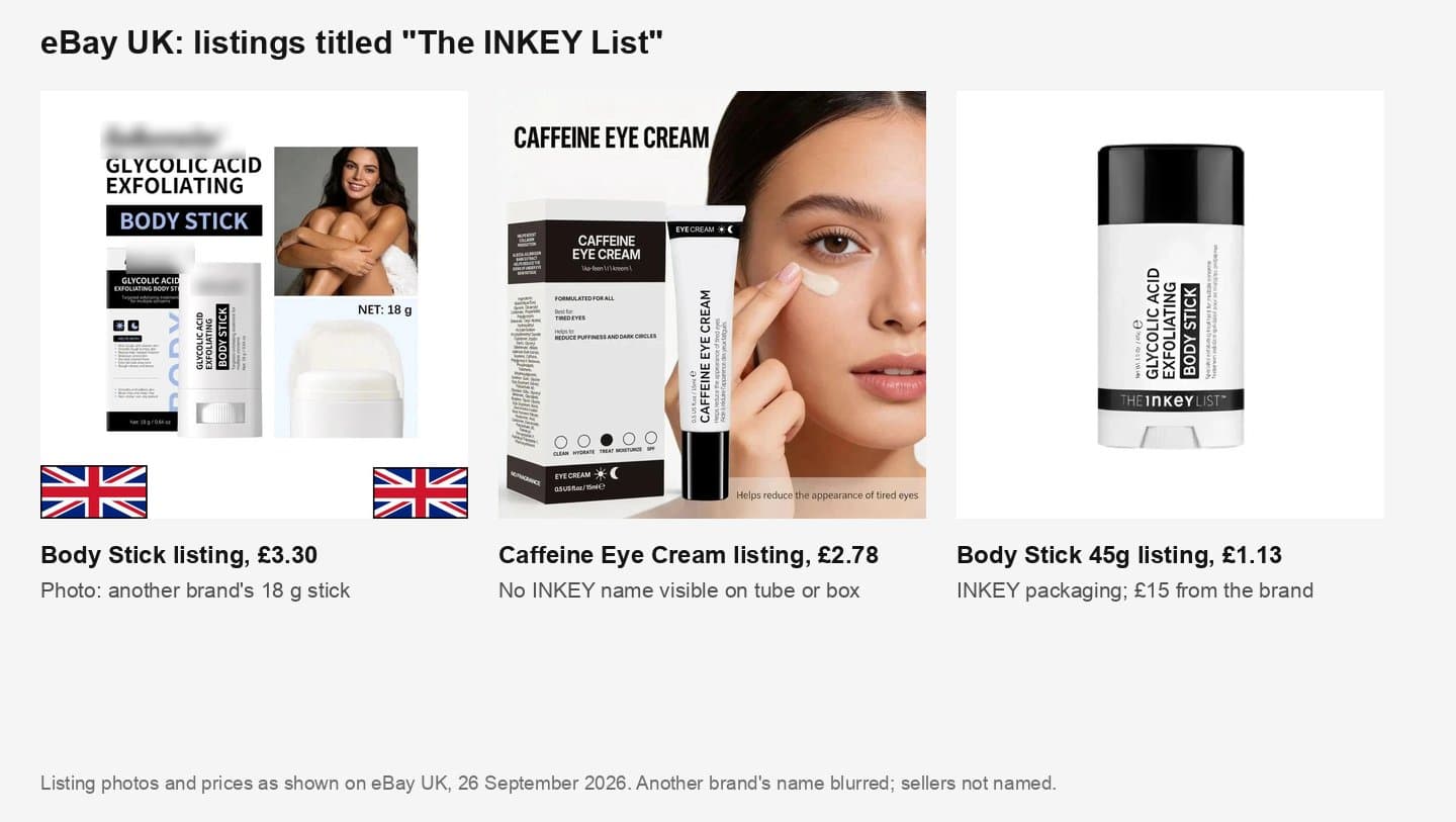Three eBay UK listings titled The INKEY List: another brand's stick, an unbranded eye cream and a £1.13 body stick