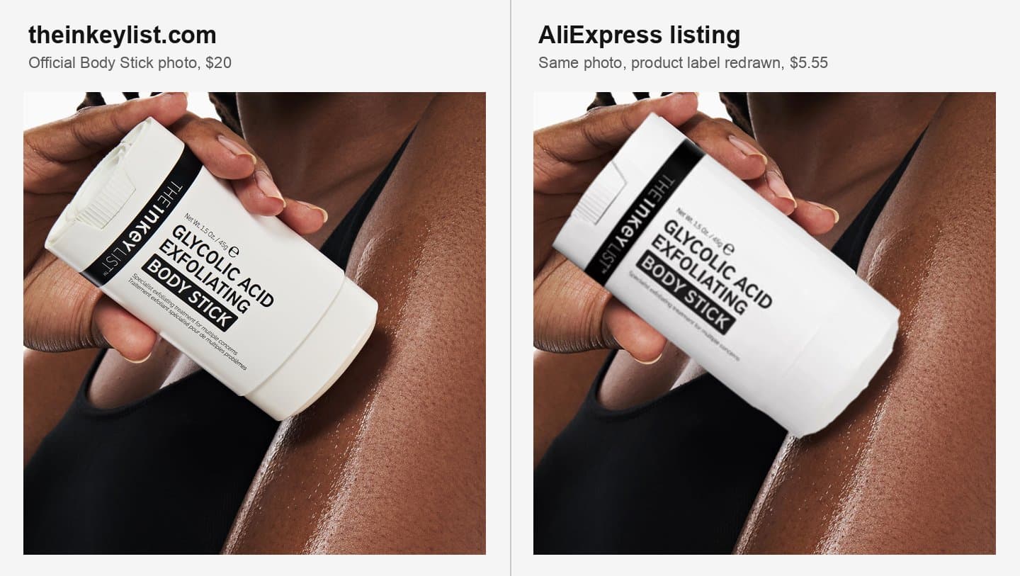 The INKEY List's official body stick model photo next to the AliExpress version with the stick redrawn