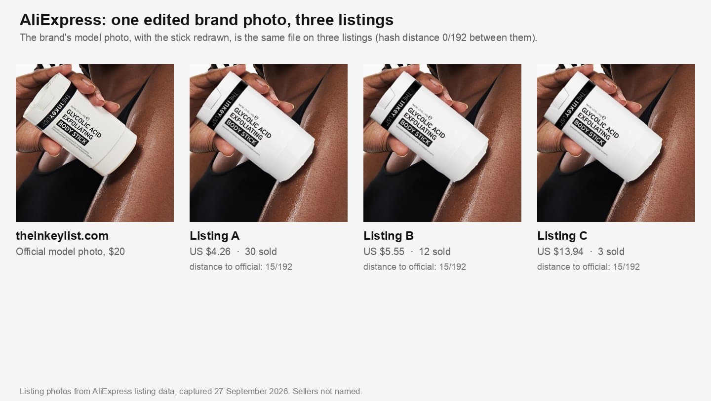 The brand's official body stick model photo next to the same edited photo on three AliExpress listings