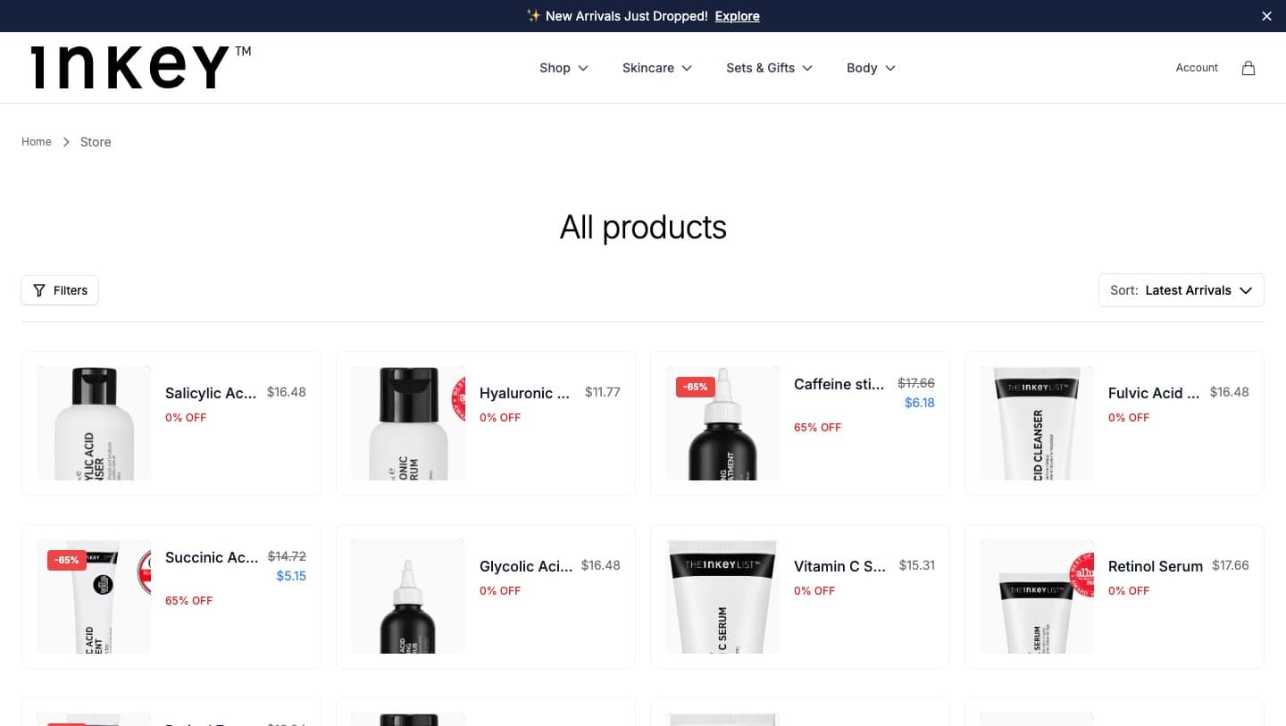 theinkeyliststore.shop product grid with INKEY wordmark and products marked 65% off