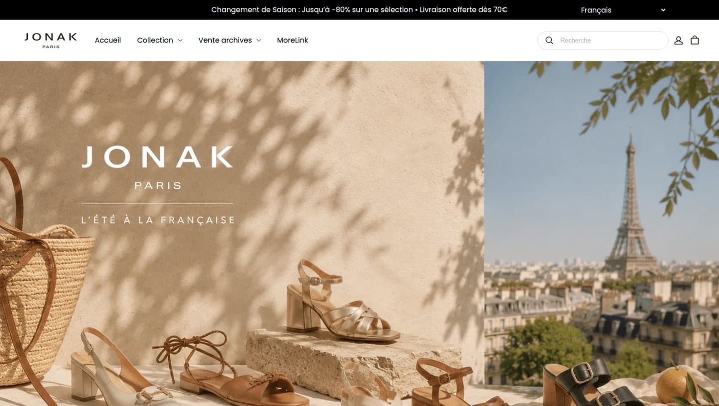 Archived capture of thejonakonline.com offering Jonak shoes at up to 80% off