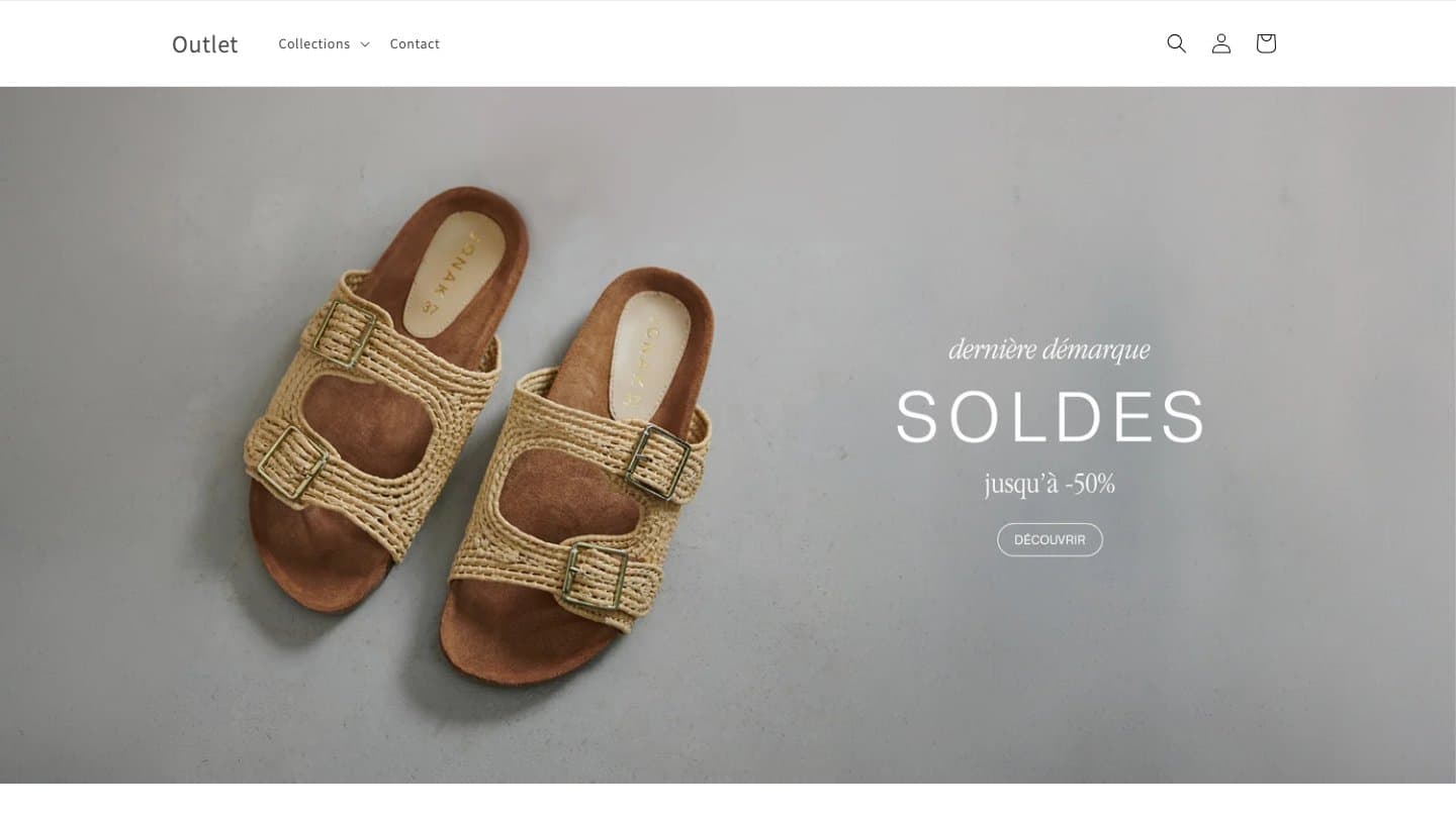 paris-outlet.com homepage headed 'Outlet' with Jonak raffia sandals and 'Soldes jusqu'à -50%'