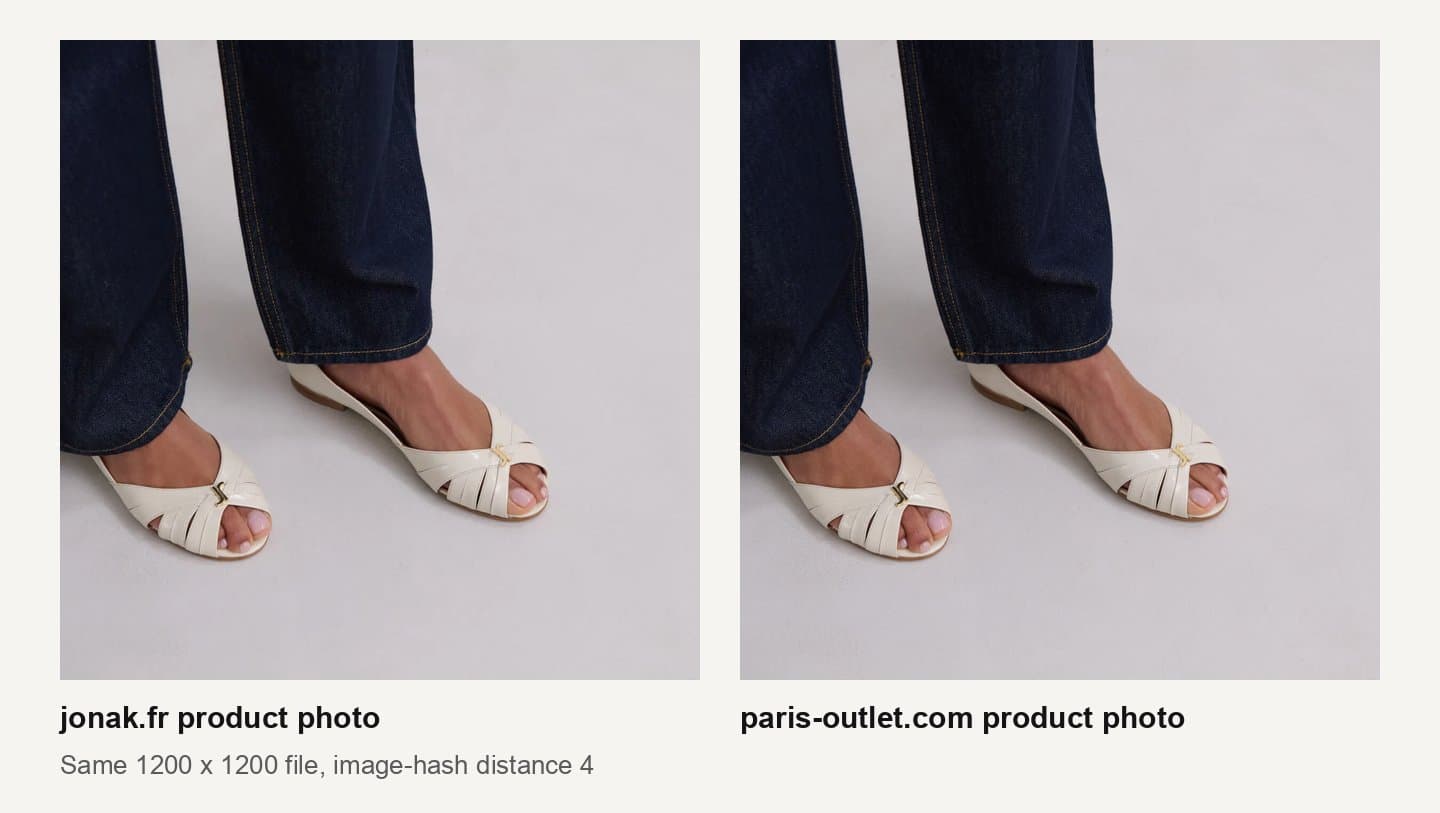 Jonak's DRAPEAU ballerina photo on jonak.fr next to the same photo on paris-outlet.com