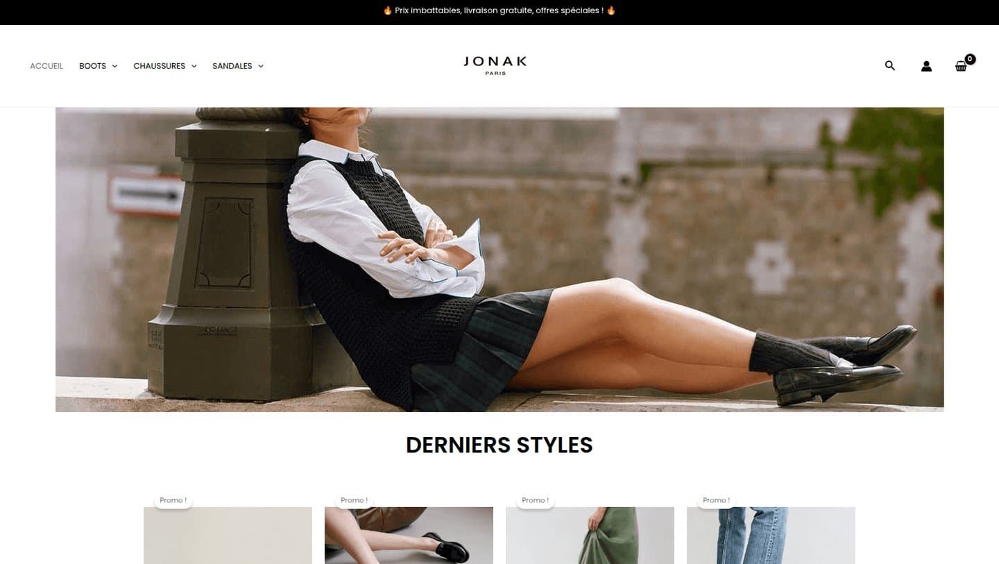 Archived capture of chaussuresell.com, a Jonak-branded store listing Jonak boots as promotions
