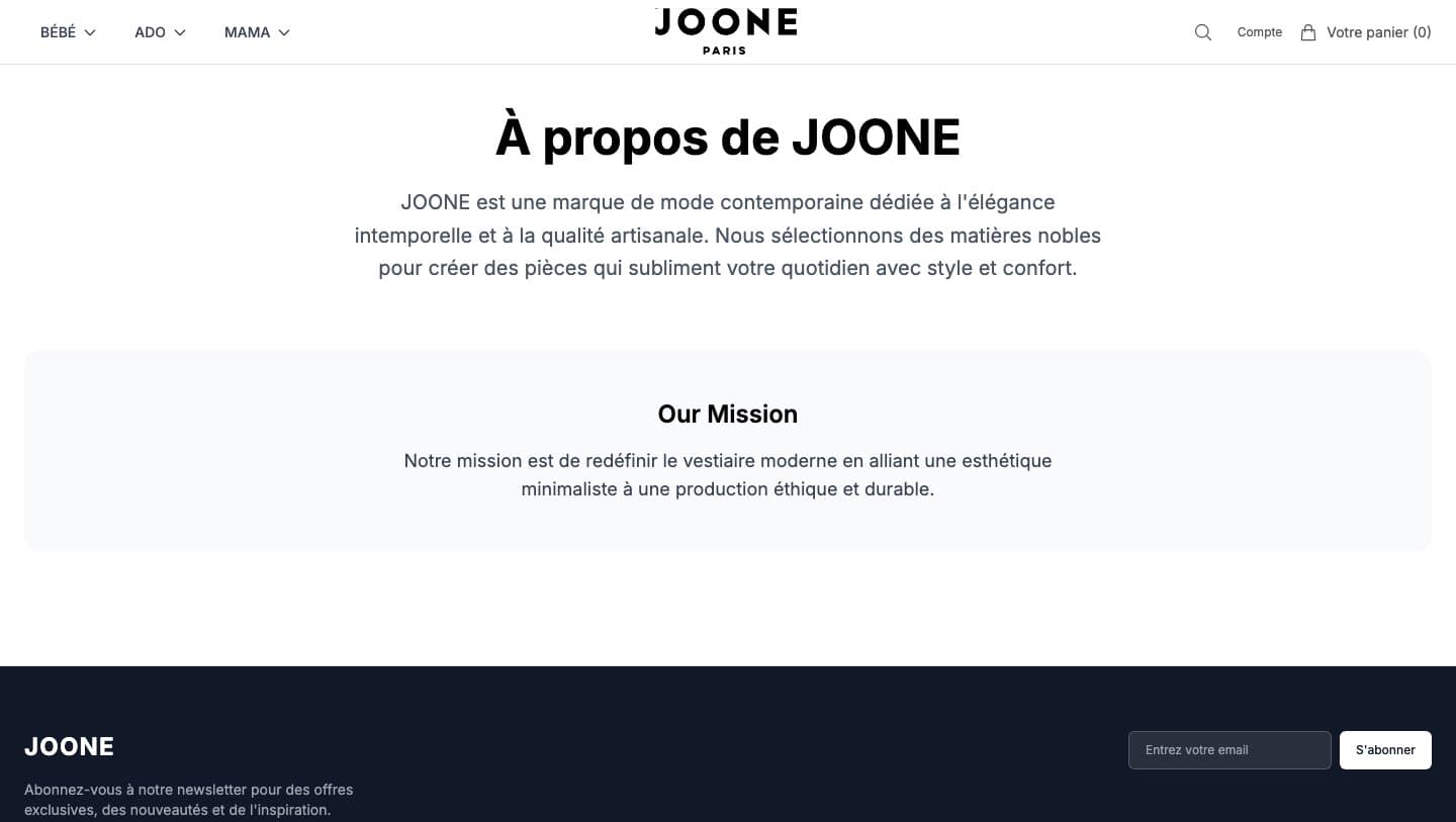 jooneshop.shop About page describing JOONE as a contemporary fashion brand