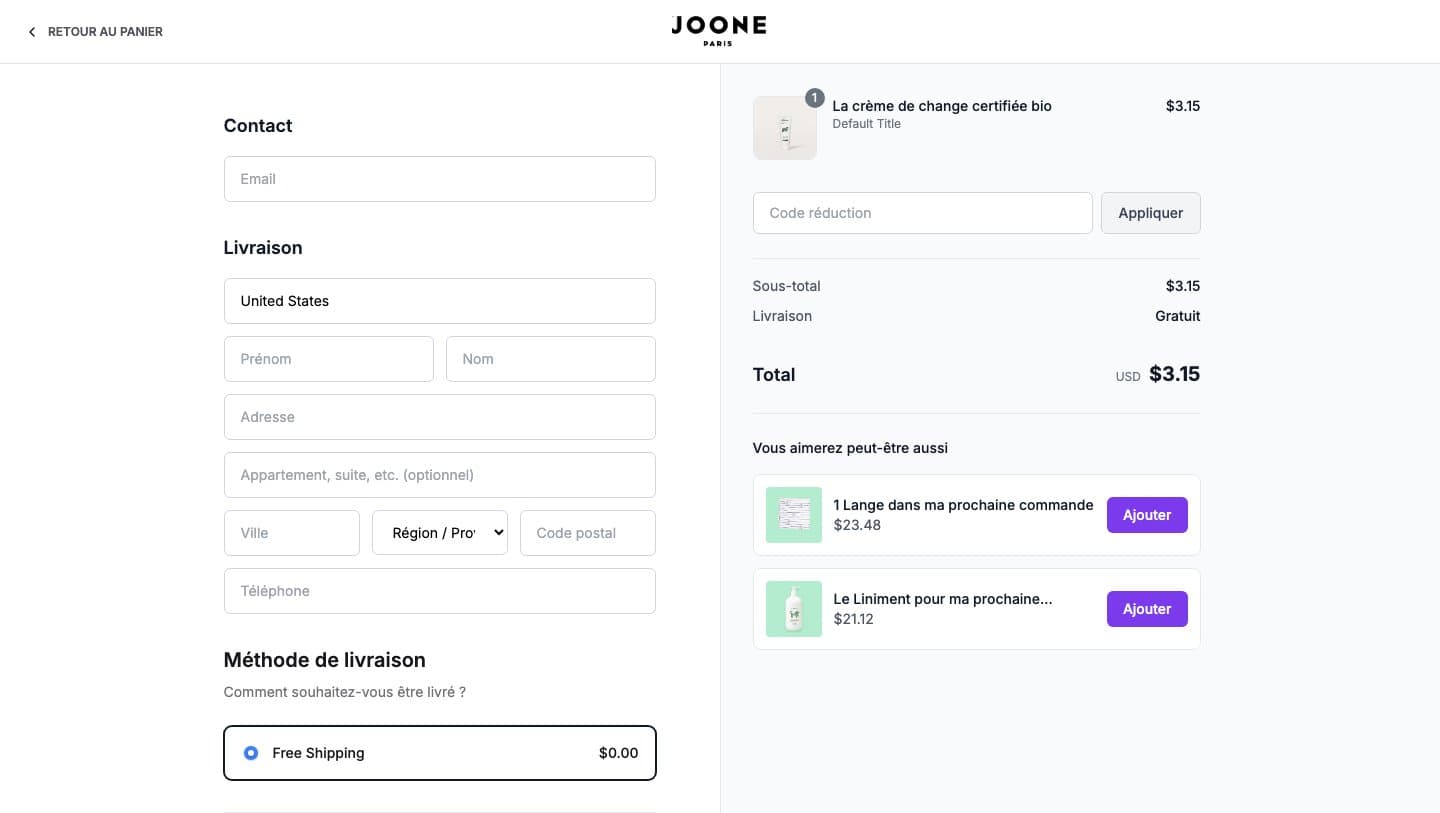 jooneshop.shop checkout showing La crème de change certifiée bio totalling 3.15 US dollars