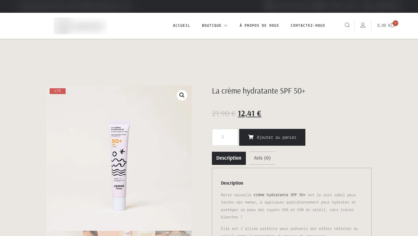 Multi-brand discount store selling Joone's SPF 50+ face cream at 12.41 euros, store name blurred