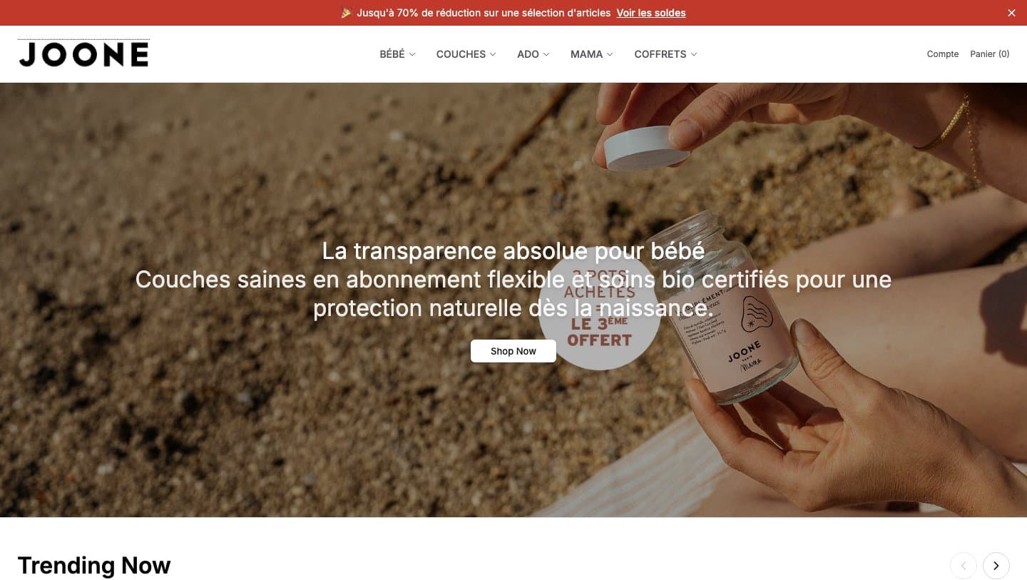joonestore.shop homepage with the JOONE logo and a banner advertising up to 70% off