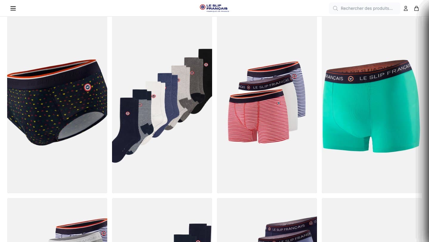 Product grid on leslipfrancaisofficial.shop using Le Slip Français product photos