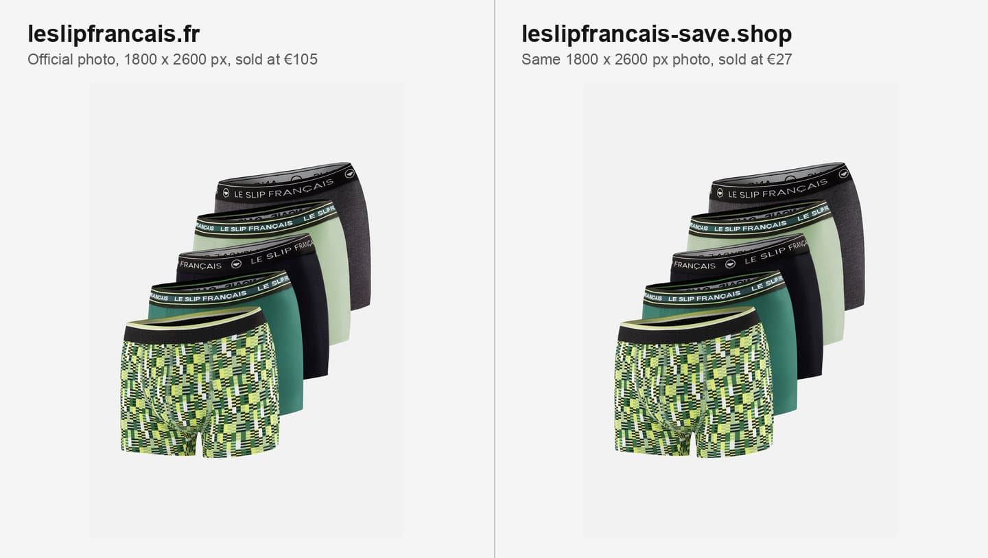 The official five-pack photo next to the same photo on leslipfrancais-save.shop