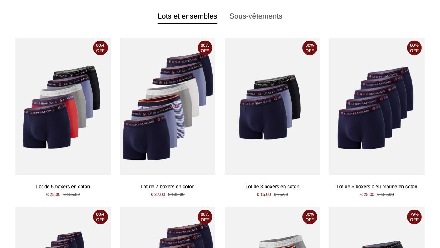 Grid of boxer packs at 80% off on leslipfrancais-save.shop